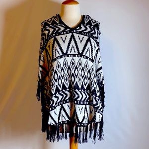 Bold Print Hooded Poncho Sweater